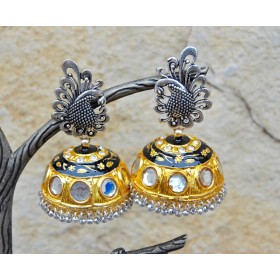 Two Tone Silver Gold Peacock Jhumka Earrings 
